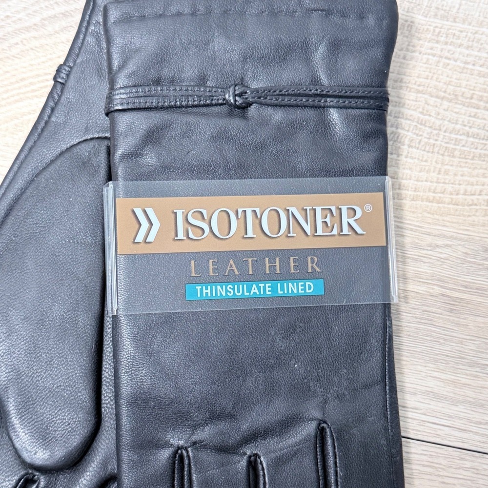 Vintage Isotoner Leather Gloves Women 8.0 Black Thinsulate Lined Warm Winter - Picture 2 of 6